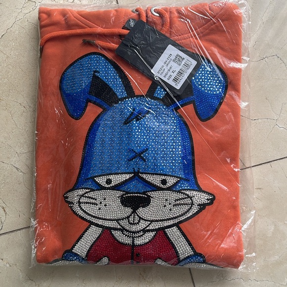 Avenue George V Hoodie Orange Sweatshirt Rhinestone Bunny GV-2329 XL NWT - Picture 5 of 5